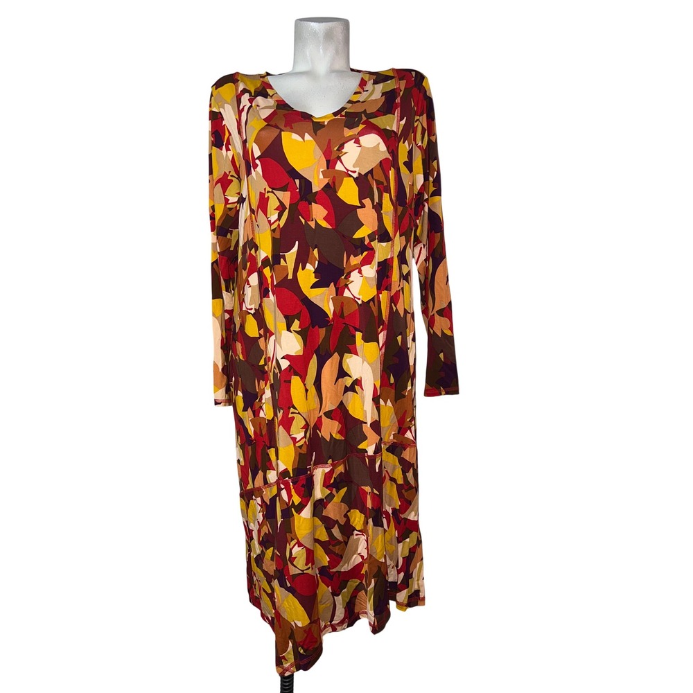 LOGO Lori Goldstein Womens Large Abstract Print LS Midi Dress Burgundy Mustard